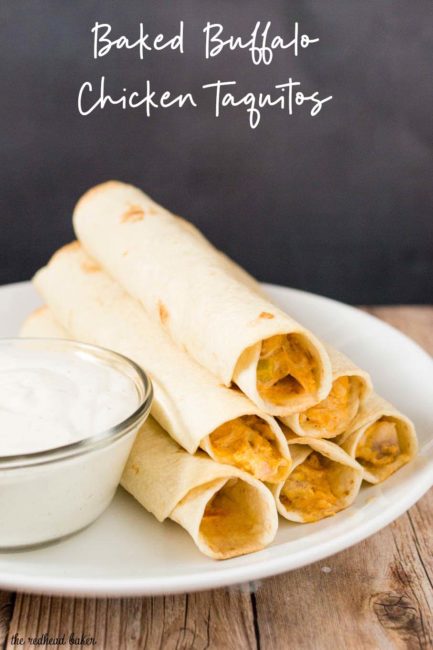 A plate of baked buffalo chicken taquitos