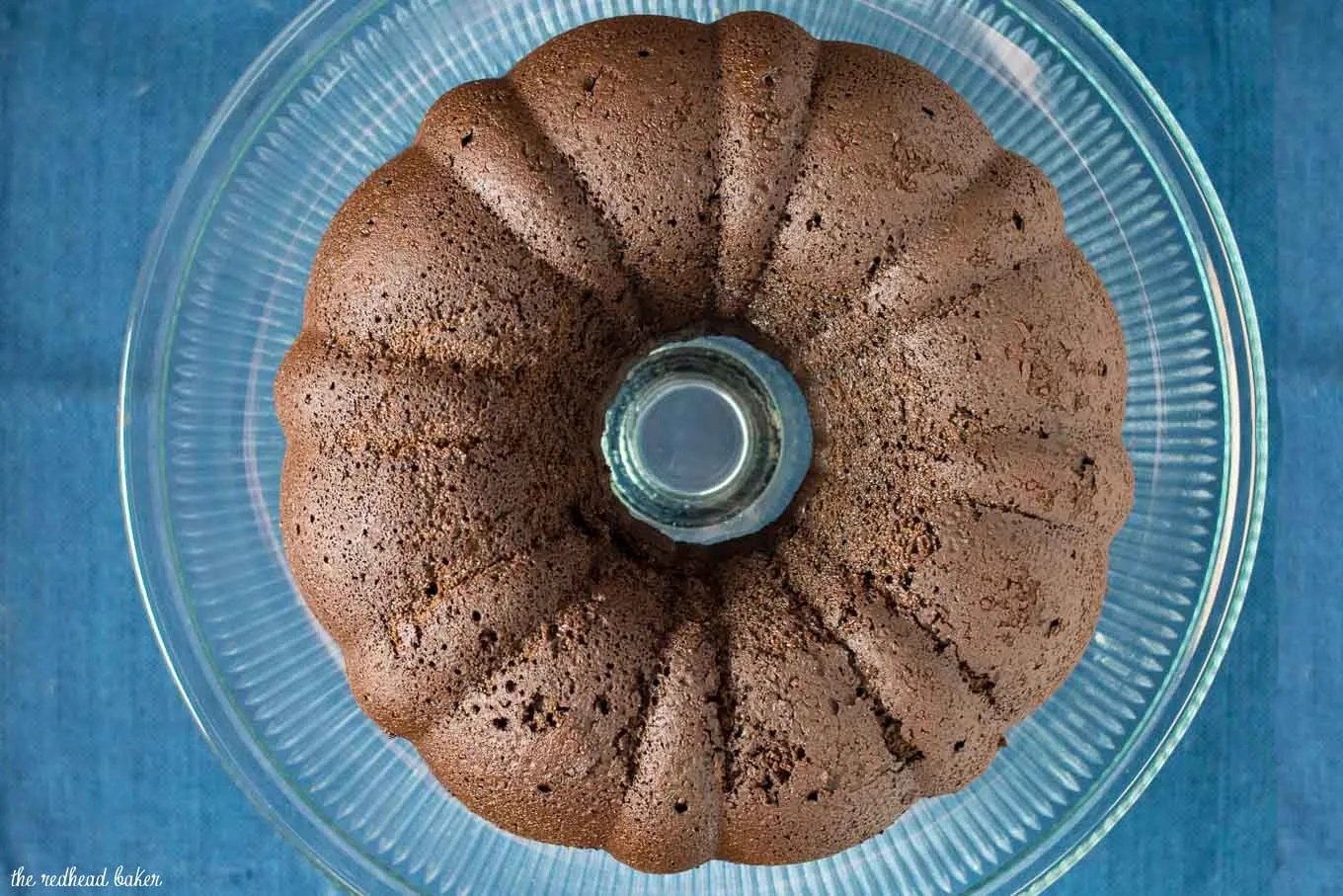 An overhead view of un-iced fudgy chocolate bundt cake.