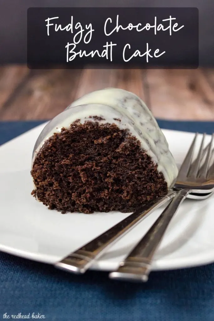 A close-up shot of a slice of fudgy chocolate bundt cake.