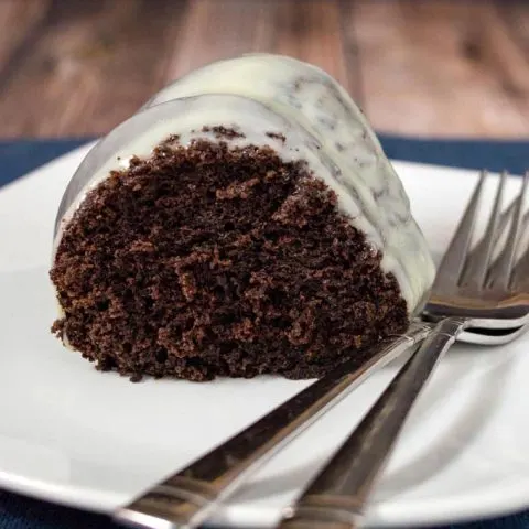 A close-up shot of fudgy-chocolate bundt cake