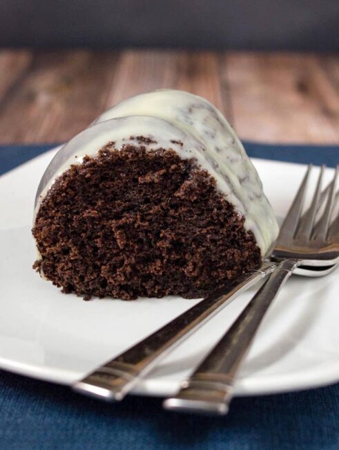 A close-up shot of fudgy-chocolate bundt cake