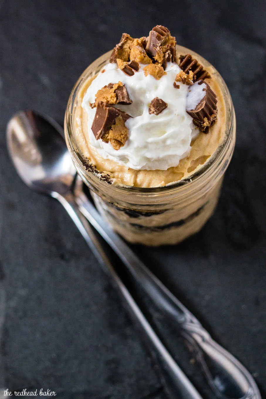 Overhead view of a peanut butter mousse parfait