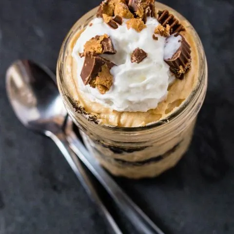 An overhead view of a peanut butter mousse parfait