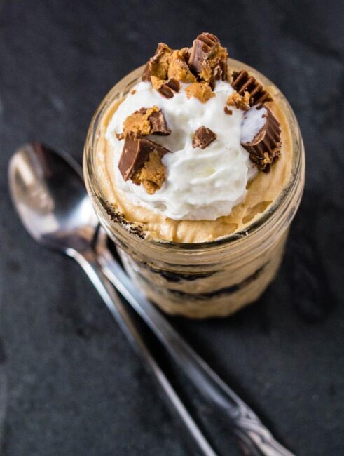 An overhead view of a peanut butter mousse parfait