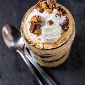 An overhead view of a peanut butter mousse parfait