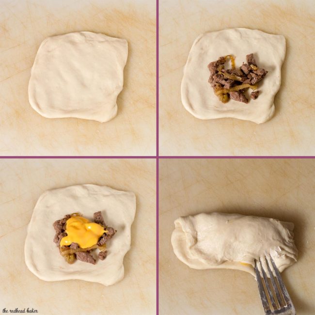 A collage showing the steps to make an empanada: first, flatten the dough into a circle, then place the steak and onion filling, then add the cheese, then fold and crimp.