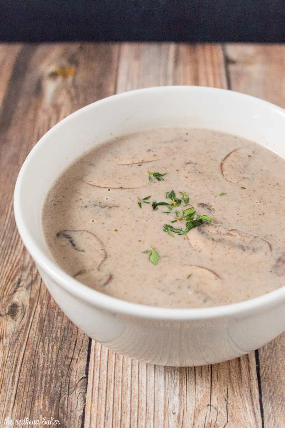 A bowl of port wine cream of mushroom soup