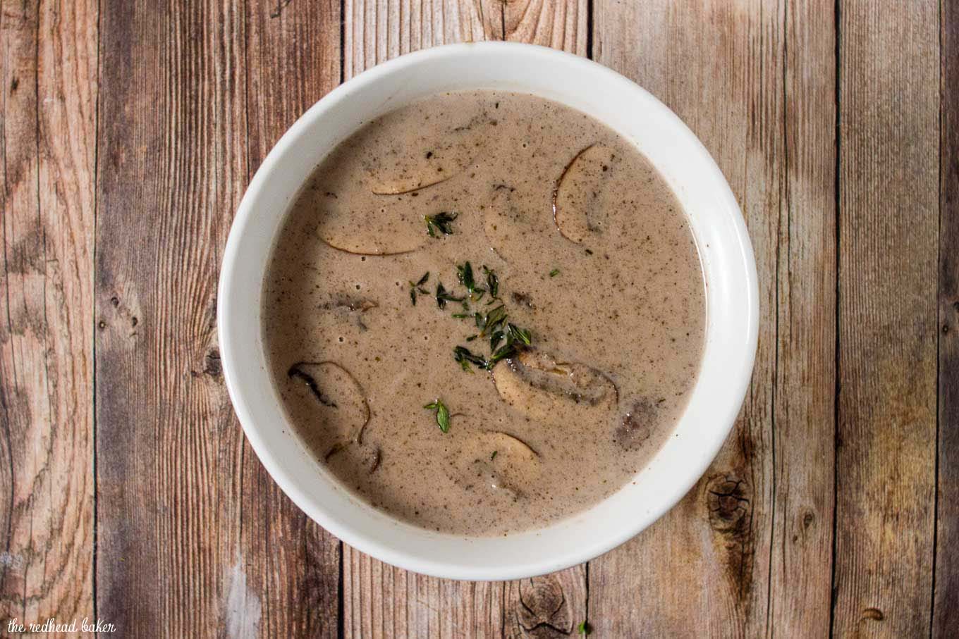 A bowl of port wine cream of mushroom soup