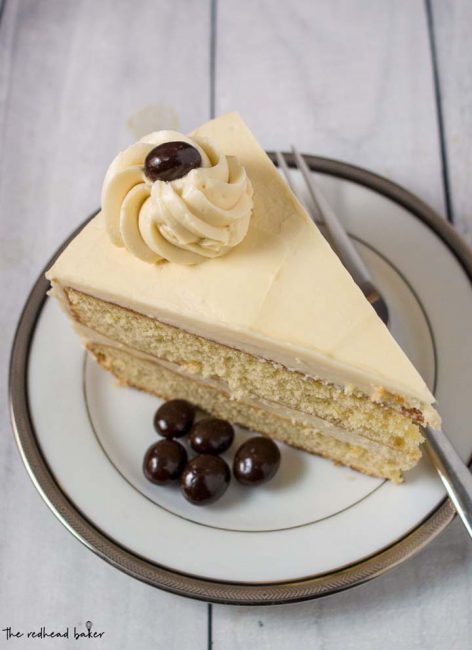 An overhead photo of a slice of white chocolate mocha layer cake.