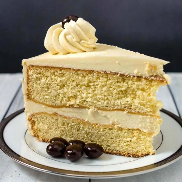 A side view of a slice of white chocolate mocha layer cake.