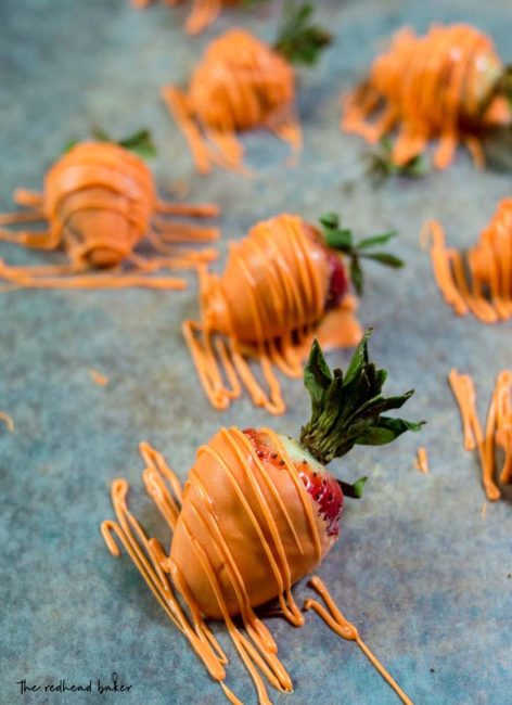 The Easter Bunny will surely stop at your house if you make these adorable Carrot Patch Chocolate Cupcakes, topped with strawberries coated in orange-colored vanilla candy coating.