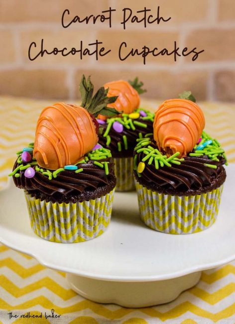 The Easter Bunny will surely stop at your house if you make these adorable Carrot Patch Chocolate Cupcakes, topped with strawberries coated in orange-colored vanilla candy coating.