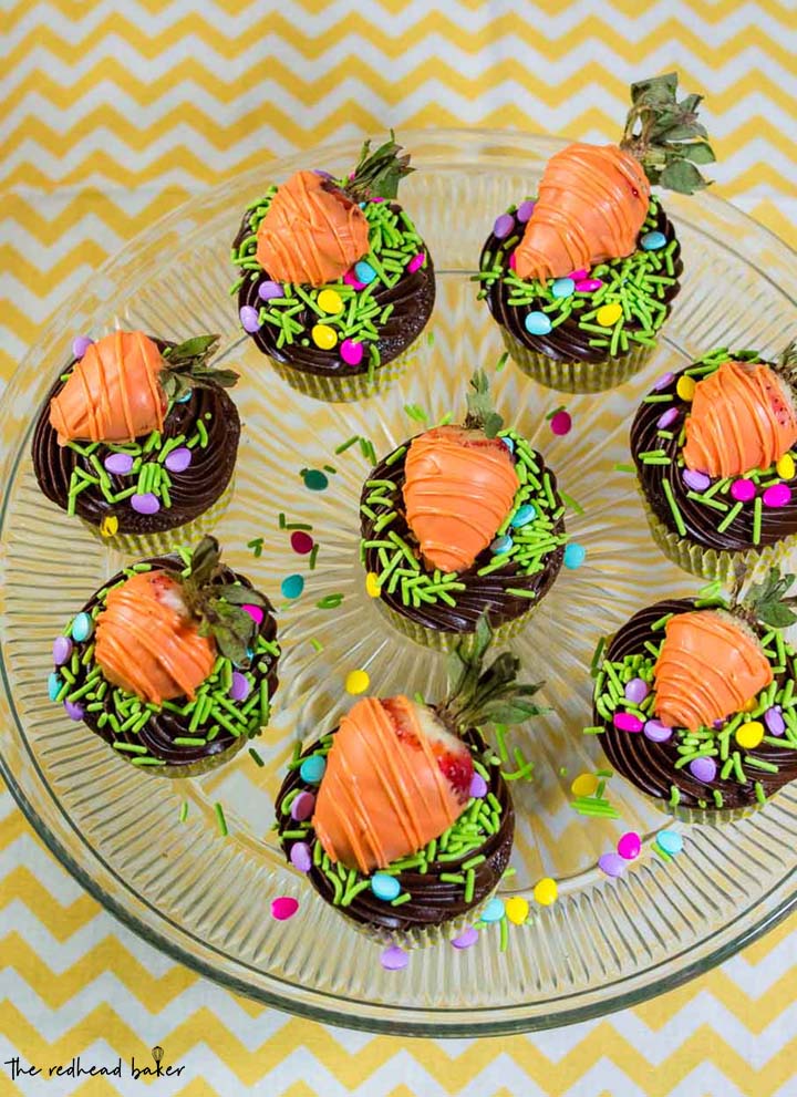 The Easter Bunny will surely stop at your house if you make these adorable Carrot Patch Chocolate Cupcakes, topped with strawberries coated in orange-colored vanilla candy coating.