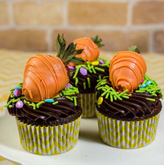 The Easter Bunny will surely stop at your house if you make these adorable Carrot Patch Chocolate Cupcakes, topped with strawberries coated in orange-colored vanilla candy coating.