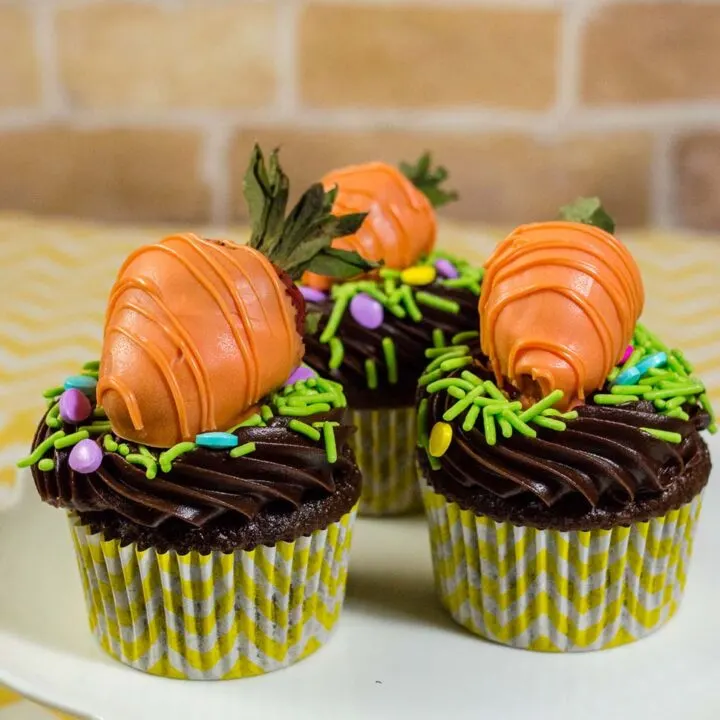 The Easter Bunny will surely stop at your house if you make these adorable Carrot Patch Chocolate Cupcakes, topped with strawberries coated in orange-colored vanilla candy coating.