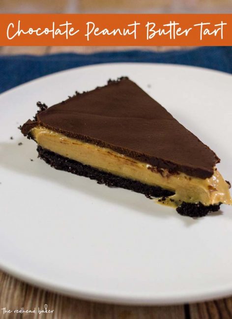 This decadent chocolate peanut butter tart has a sweet chocolate crust, a custardy peanut butter filling, and a rich chocolate glaze. It uses just a few ingredients, and requires almost no baking!