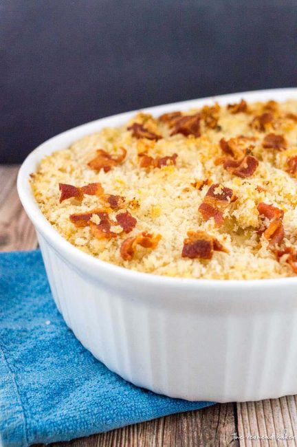 A dish of Irish mac and cheese on a blue dish towel