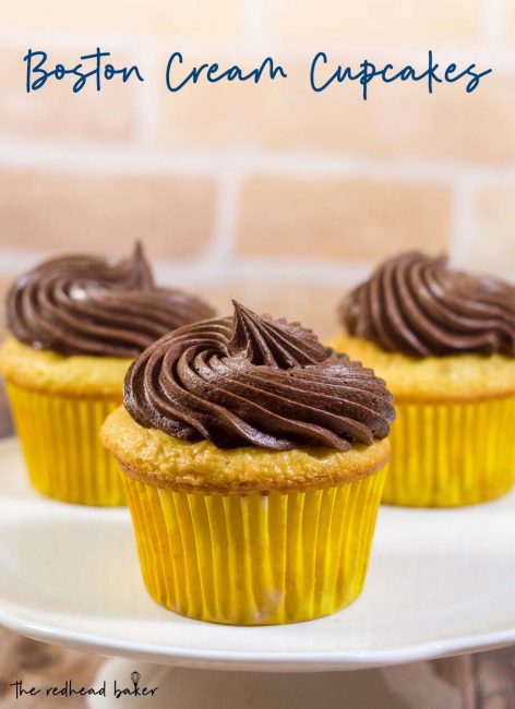 Boston cream cupcakes have all the flavors of Boston Cream Pie in cupcake form: buttery yellow cake, vanilla pastry cream filling, and rich chocolate ganache frosting.
