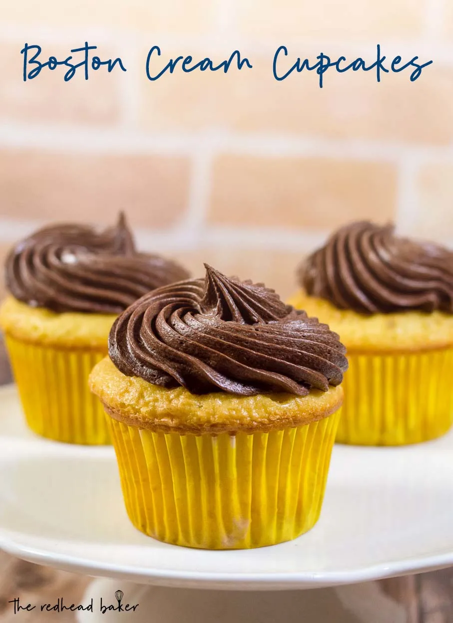 Boston cream cupcakes have all the flavors of Boston Cream Pie in cupcake form: buttery yellow cake, vanilla pastry cream filling, and rich chocolate ganache frosting.