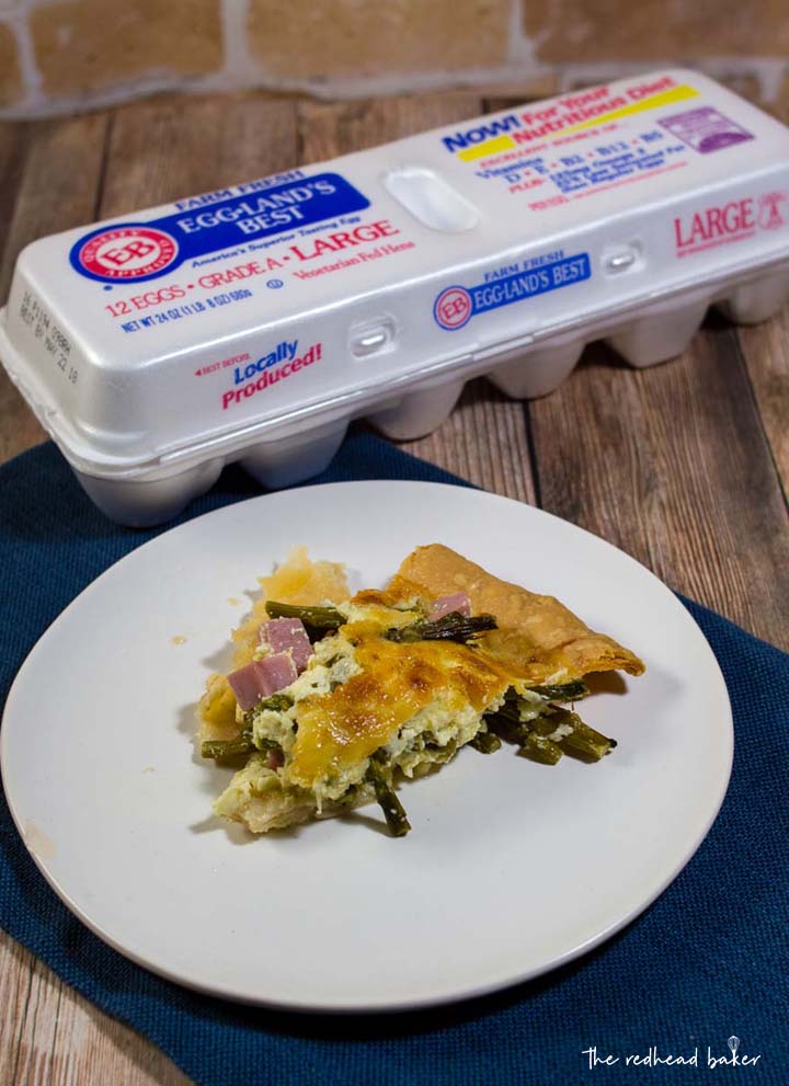 This ham, asparagus and gruyere quiche is ideal for brunch for a crowd: it should be made ahead, can be served at room temperature, and it's delicious!