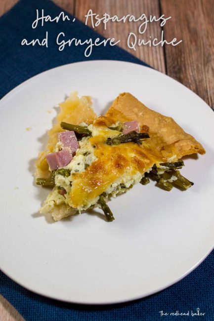 This ham, asparagus and gruyere quiche is ideal for brunch for a crowd: it should be made ahead, can be served at room temperature, and it's delicious!