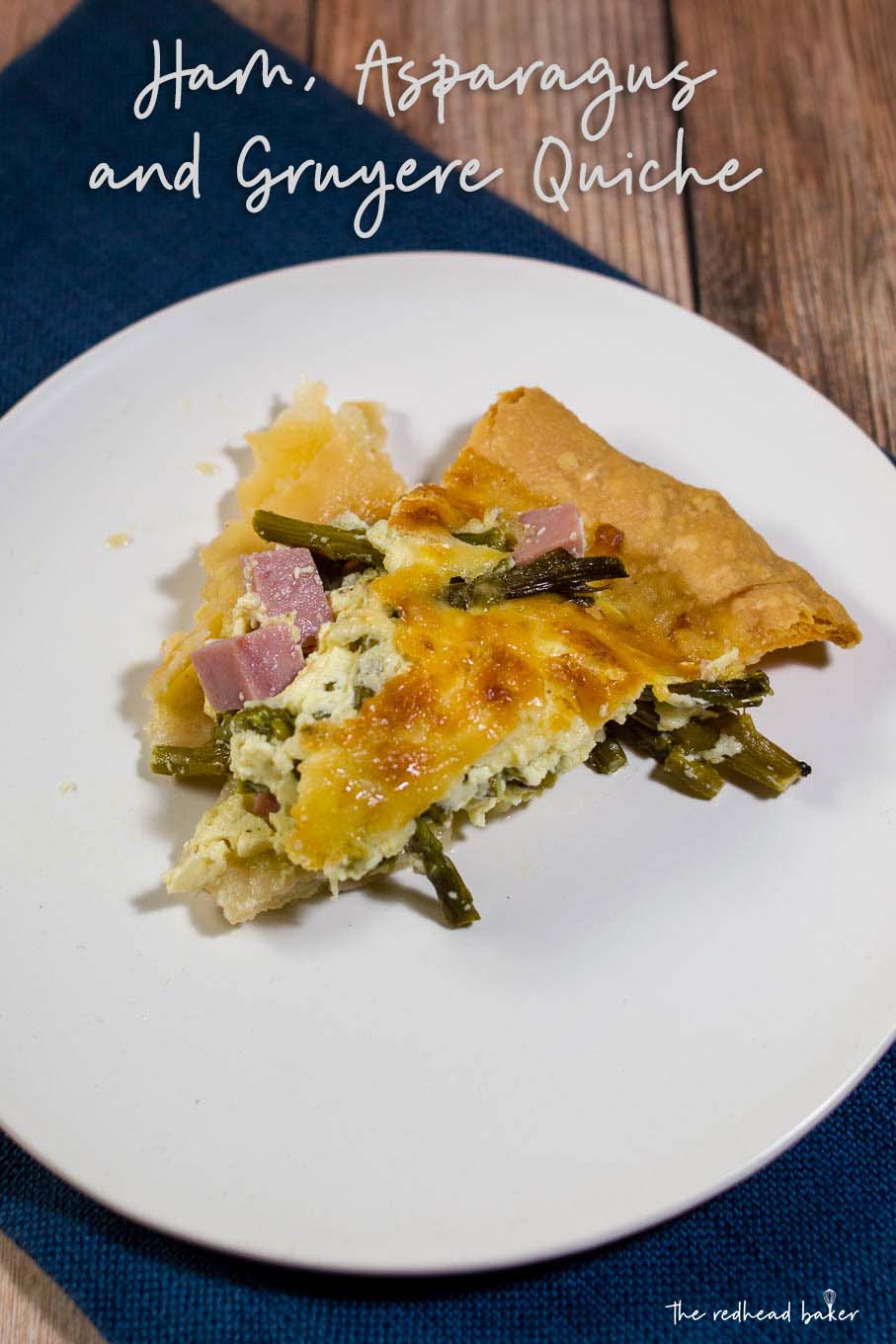 This ham, asparagus and gruyere quiche is ideal for brunch for a crowd: it should be made ahead, can be served at room temperature, and it's delicious!