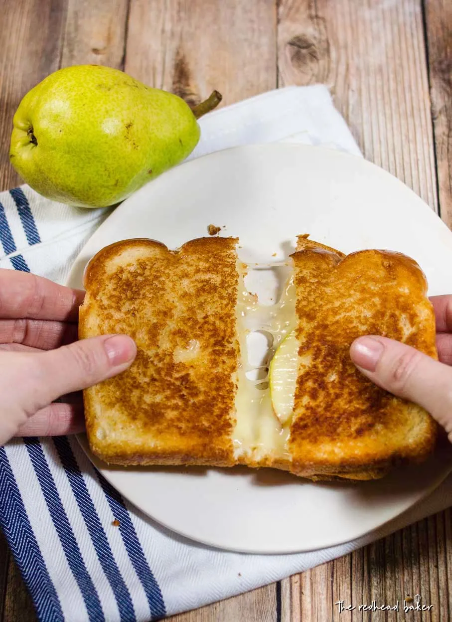 This gourmet grilled cheese sandwich with taleggio cheese and thin slices of pear is the perfect way to celebrate National Grilled Cheese Month!