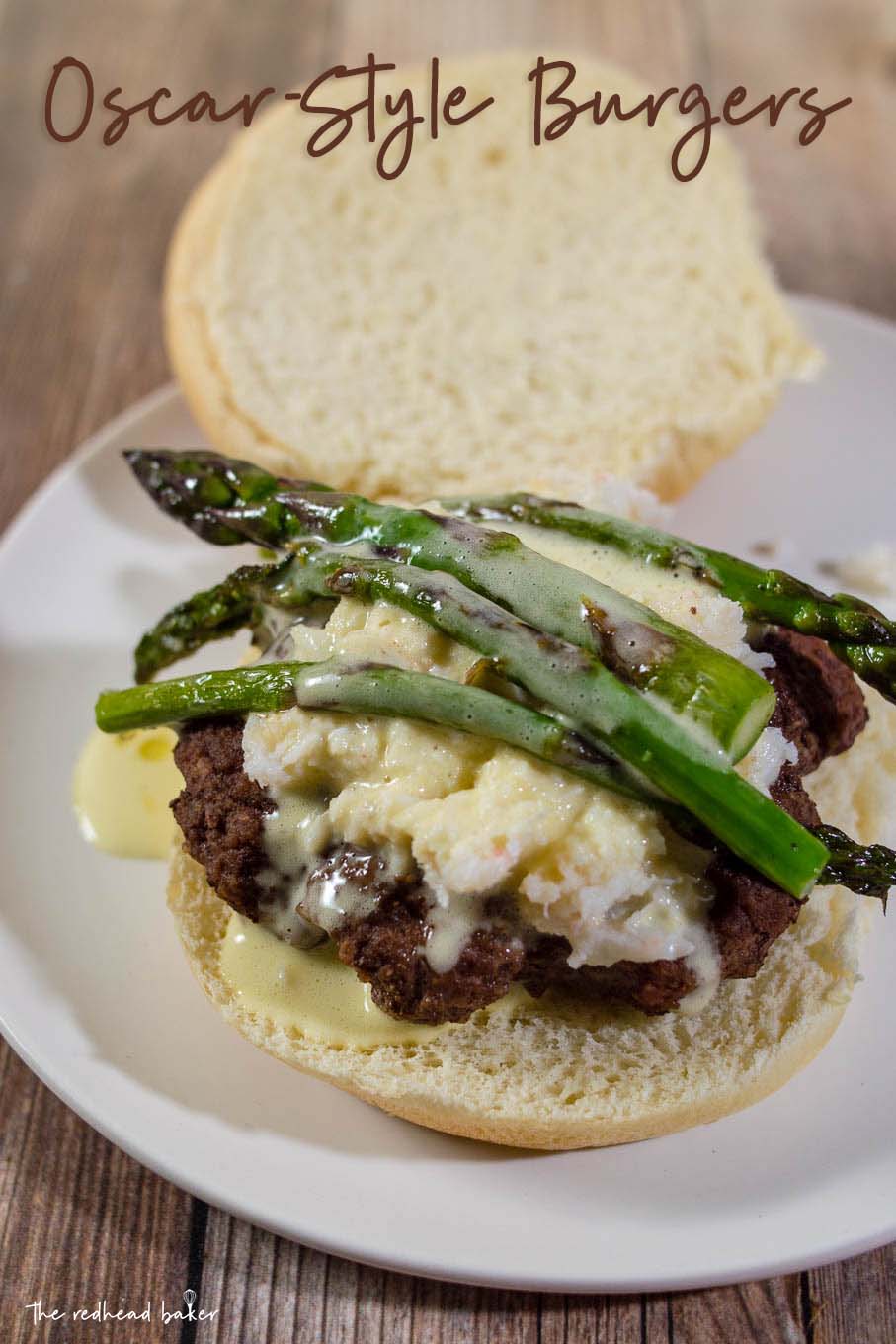 Surf-n-turf meets backyard cookout in these Oscar-Style Burgers. Hamburger patties are topped with crab meat, tender-crisp asparagus and rich Bearnaise sauce. #BurgerMonth