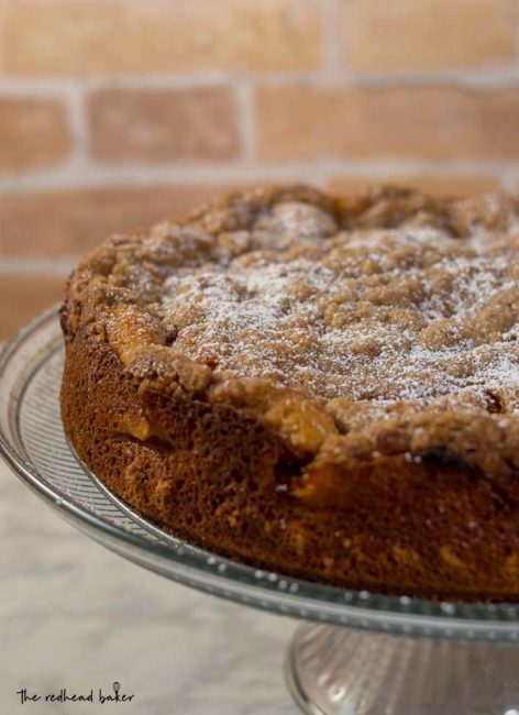 Peach brown butter coffee cake is loaded with peach slices and covered in cinnamon-spiced streusel crumbs. Enjoy it for brunch, dessert, or a snack any time of day!