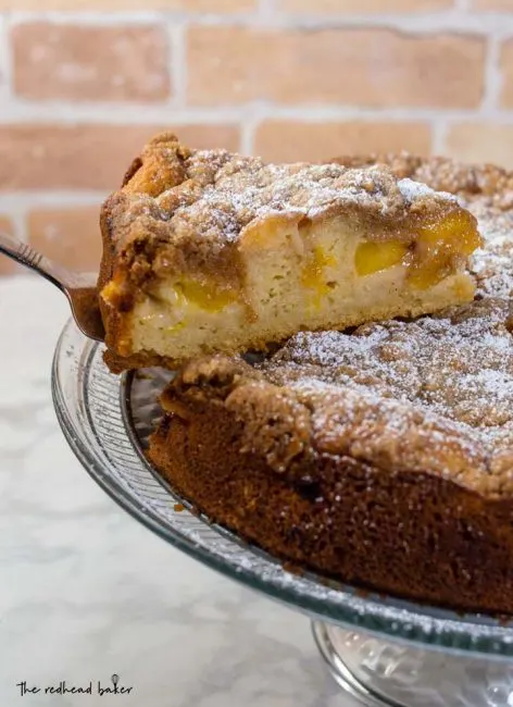 Peach brown butter coffee cake is loaded with peach slices and covered in cinnamon-spiced streusel crumbs. Enjoy it for brunch, dessert, or a snack any time of day!