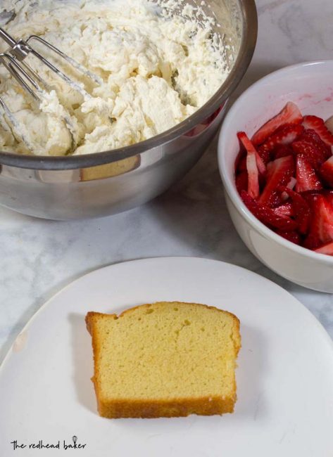 Strawberry shortcake pound cake is a slight twist on a classic. Instead of shortcakes (biscuits), I use toasted slices of pound cake topped with macerated strawberries and fresh whipped cream. #BrunchWeek