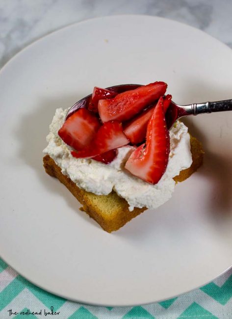 Strawberry shortcake pound cake is a slight twist on a classic. Instead of shortcakes (biscuits), I use toasted slices of pound cake topped with macerated strawberries and fresh whipped cream. #BrunchWeek