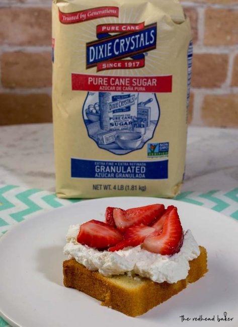 Strawberry shortcake pound cake is a slight twist on a classic. Instead of shortcakes (biscuits), I use toasted slices of pound cake topped with macerated strawberries and fresh whipped cream. #BrunchWeek