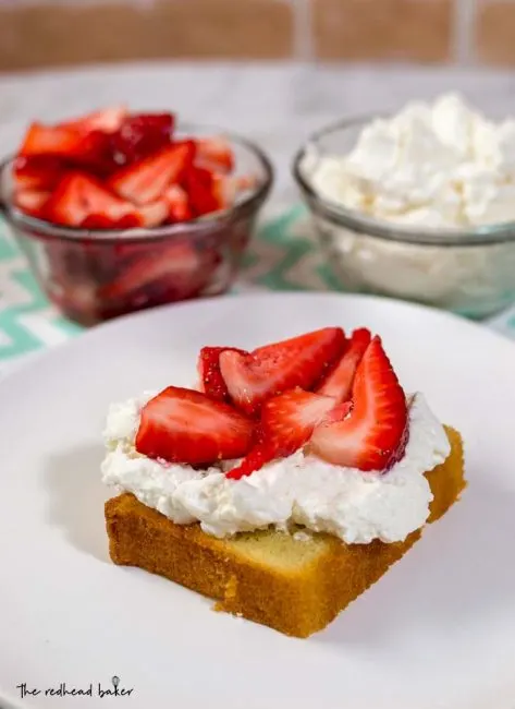 Strawberry shortcake pound cake is a slight twist on a classic. Instead of shortcakes (biscuits), I use toasted slices of pound cake topped with macerated strawberries and fresh whipped cream. #BrunchWeek