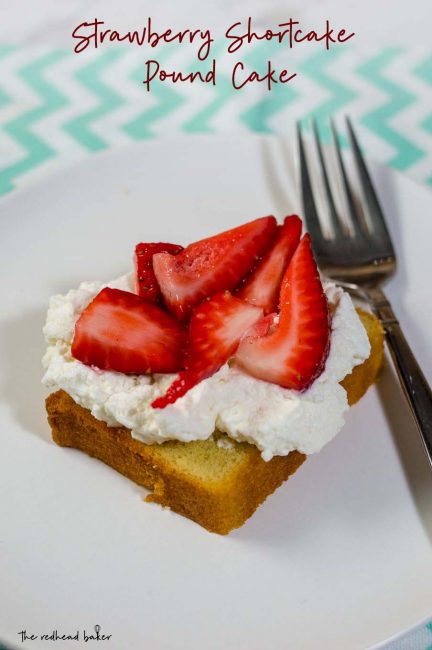 Strawberry shortcake pound cake is a slight twist on a classic. Instead of shortcakes (biscuits), I use toasted slices of pound cake topped with macerated strawberries and fresh whipped cream. #BrunchWeek