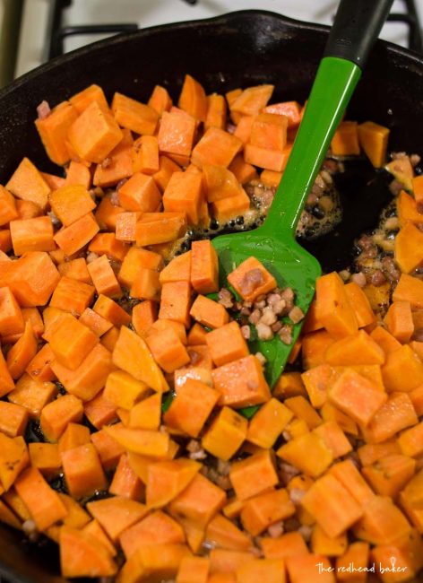 Brunch doesn't have to be a diet-buster! Sweet potato hash with pancetta, sun-dried tomatoes and spinach is a filling yet nutritious breakfast dish.