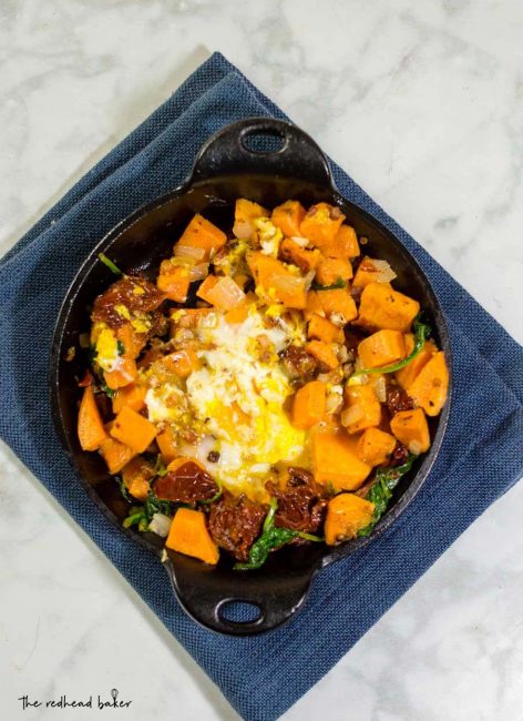 Brunch doesn't have to be a diet-buster! Sweet potato hash with pancetta, sun-dried tomatoes and spinach is a filling yet nutritious breakfast dish.