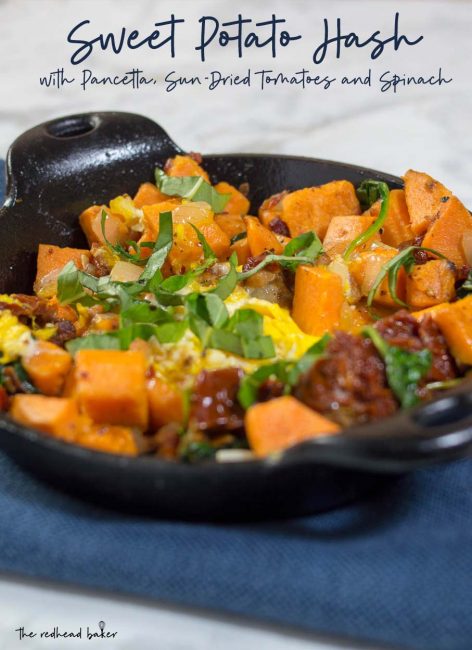 Brunch doesn't have to be a diet-buster! Sweet potato hash with pancetta, sun-dried tomatoes and spinach is a filling yet nutritious breakfast dish.