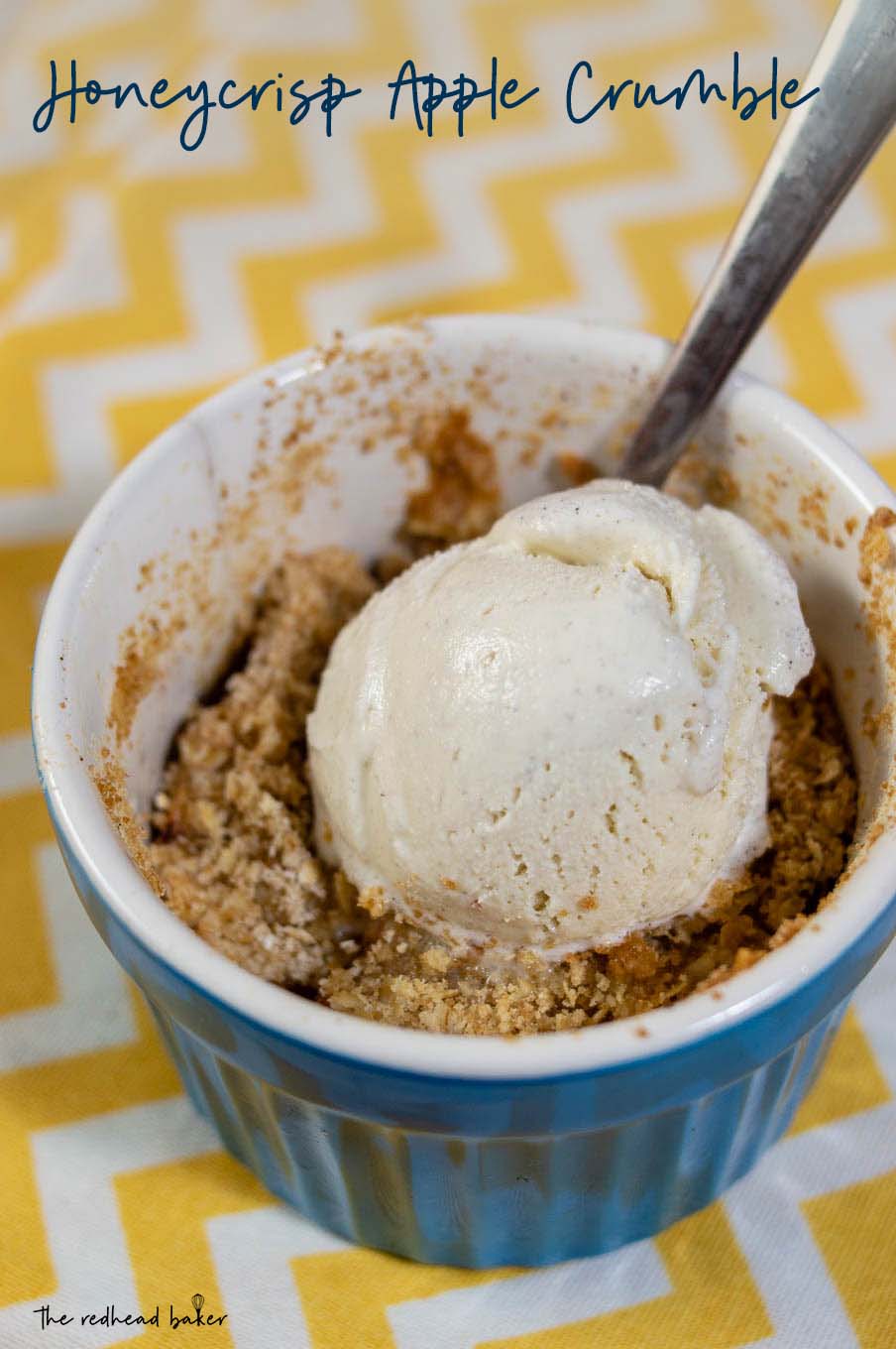 Honeycrisp apple crumble is an easy, delicious dessert. The chopped apples are baked with an oat/brown sugar topping. Add ice cream just before serving, which melts into a creamy sauce. 