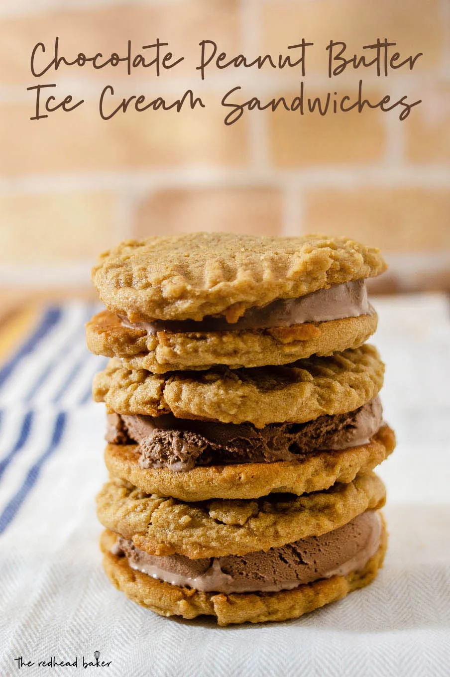 A stack of three chocolate peanut butter ice cream sandwiches