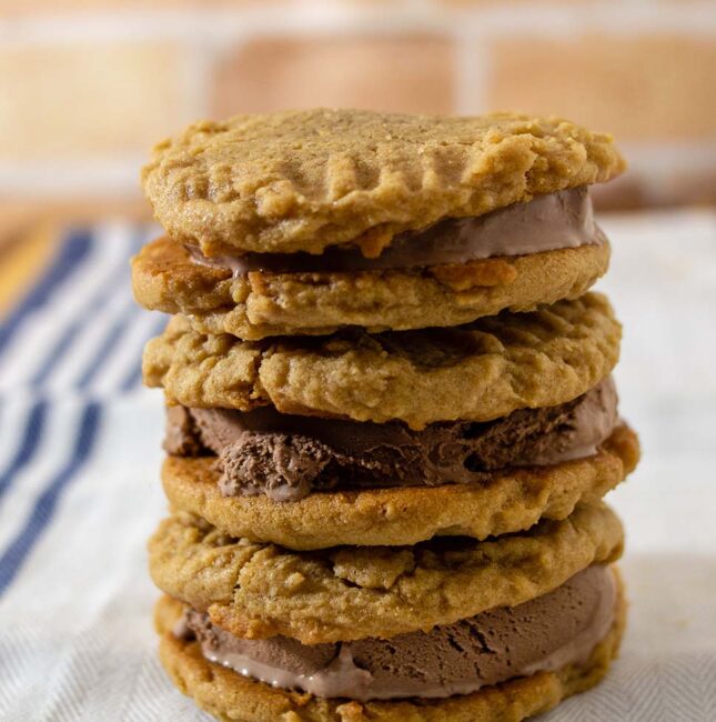 A stack of three peanut butter ice cream sandwiches