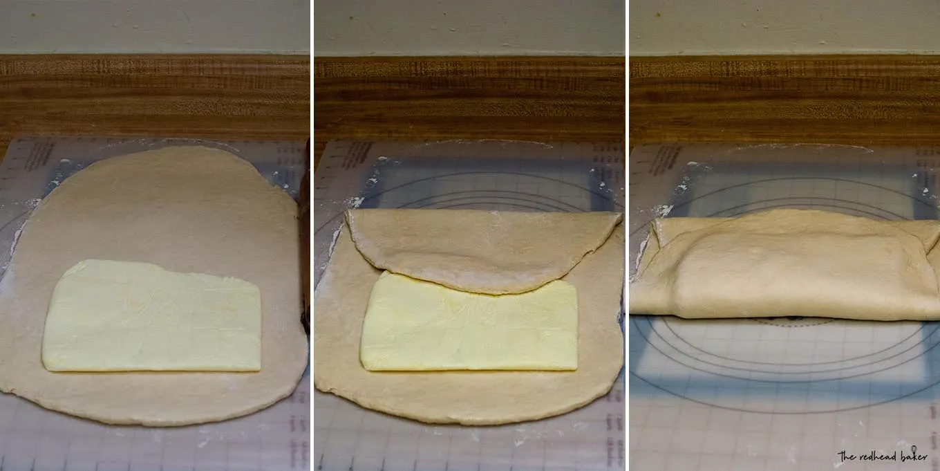 A collage of 3 photos demonstrating how to fold the butter into the croissant dough.