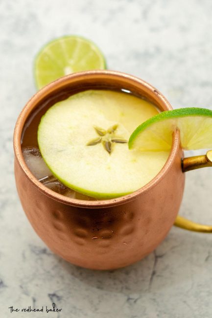 A high-angle shot of an Apple Cider Moscow Mule garnished with a slice of apple