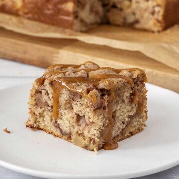 A slice of caramel apple crumb cake.