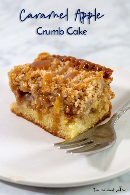 A close-up on a slice of caramel apple crumb cake