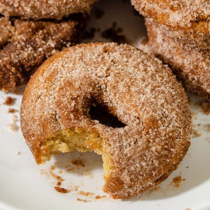 A close-up of a cider doughnut with a bite taken out.