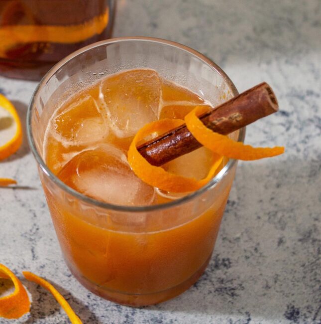 The Pumpkin Old-Fashioned — the classic cocktail of bourbon and orange liqueur gets an autumn twist with pumpkin puree and maple syrup.