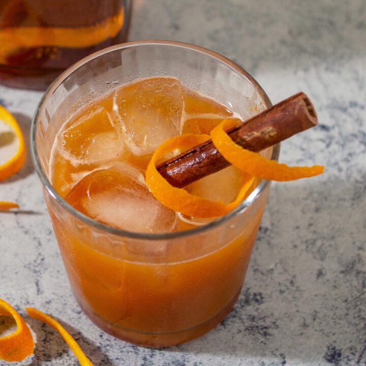 The Pumpkin Old-Fashioned — the classic cocktail of bourbon and orange liqueur gets an autumn twist with pumpkin puree and maple syrup.