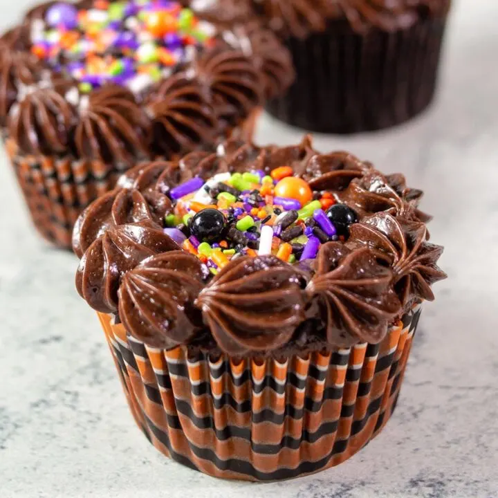 A close-up of a chocolate cauldron cake