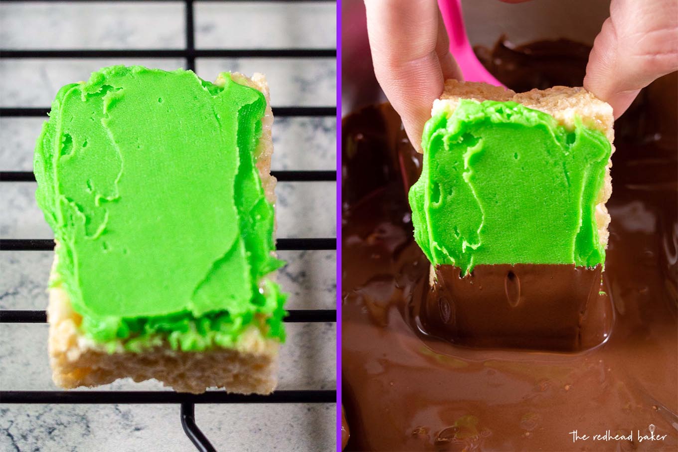 A collage with a green frosted crispy cereal treat on the left, and the same treat being dipped in chocolate on the right